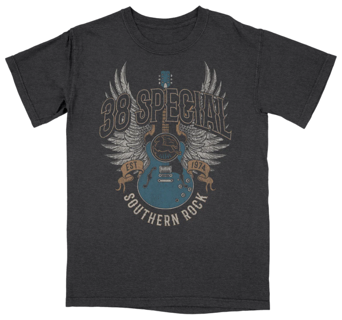 38 Special Southern Rock Tee – Blue Guitar Graphic on Heather Graphite Shirt